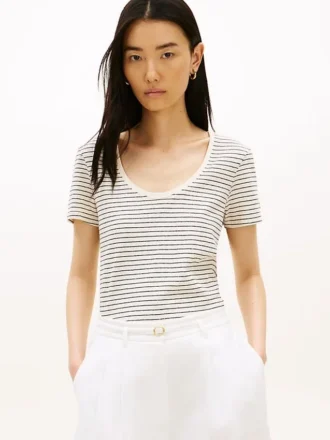 スクープネック リネン混Tシャツ