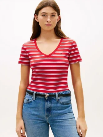 ストライプ柄Vネック「フェイバリット」Tシャツ