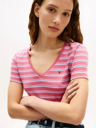 ストライプ柄Vネック「フェイバリット」Tシャツ